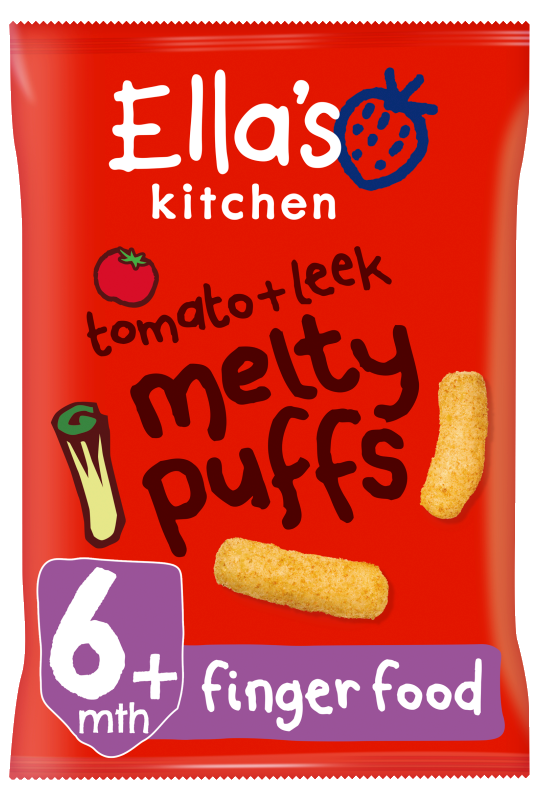 Ellas kitchen melty puffs tomato leek bag front of pack O